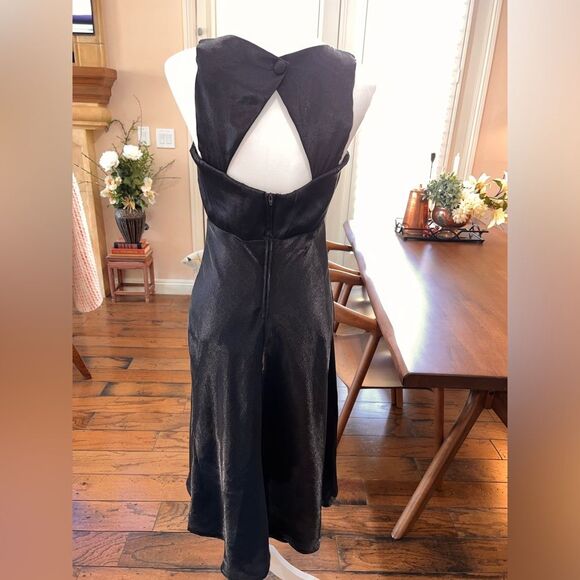Rabbit Designs Black Satin Sheath Cocktail Dress Cutout Back Midi 10 Made in USA - Picture 5 of 9